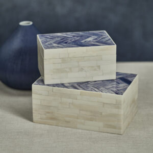 White Bone Storage Box with Blue Herringbone Pattern